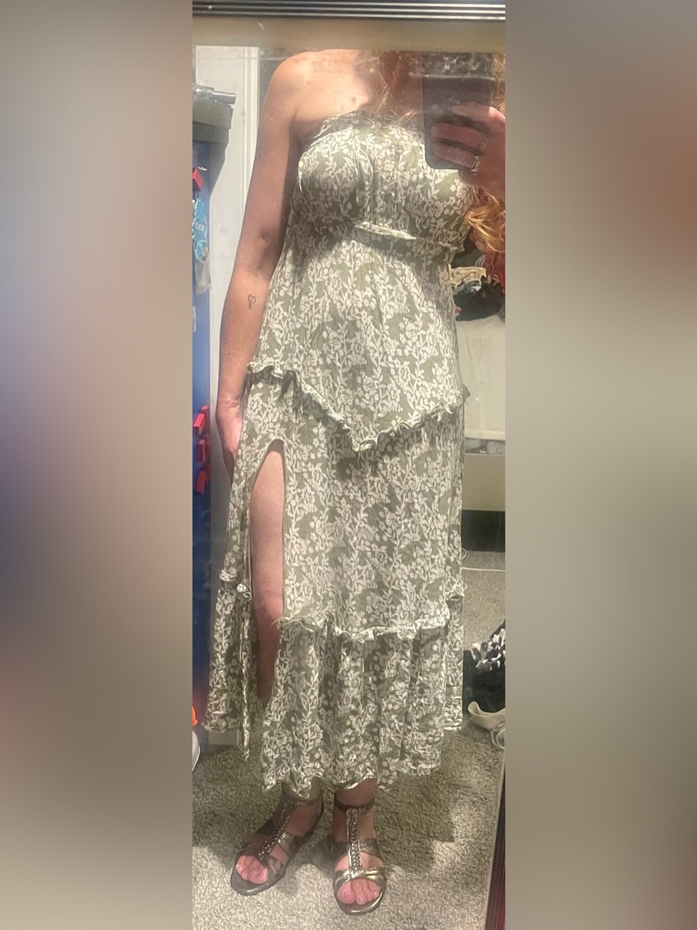 Strapless Olive Green Floral Ruffle Maxi Dress - Picture 2 of 3